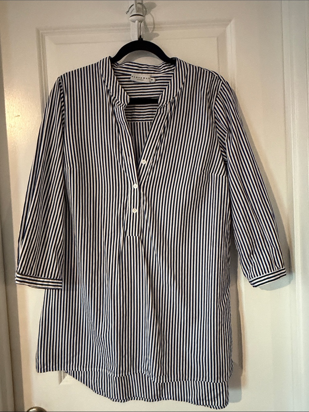 Striped Navy and White Button-Front Tunic Shirt by Annabelle